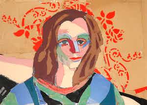 Paul Overhaus - Collage van papier en textiel, Portret - Ingelijst verkocht voor € 1!