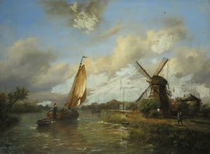 Niet of onleesbaar gesigneerd - Olieverf op marouflé, Rivierlandschap - Ingelijst kopen? Bied vanaf 10!