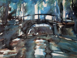 Niet of onleesbaar gesigneerd - Fraai impressionistisch Aquarel "Brug over stadsgracht" gesigneerd kopen? Bied vanaf 10!