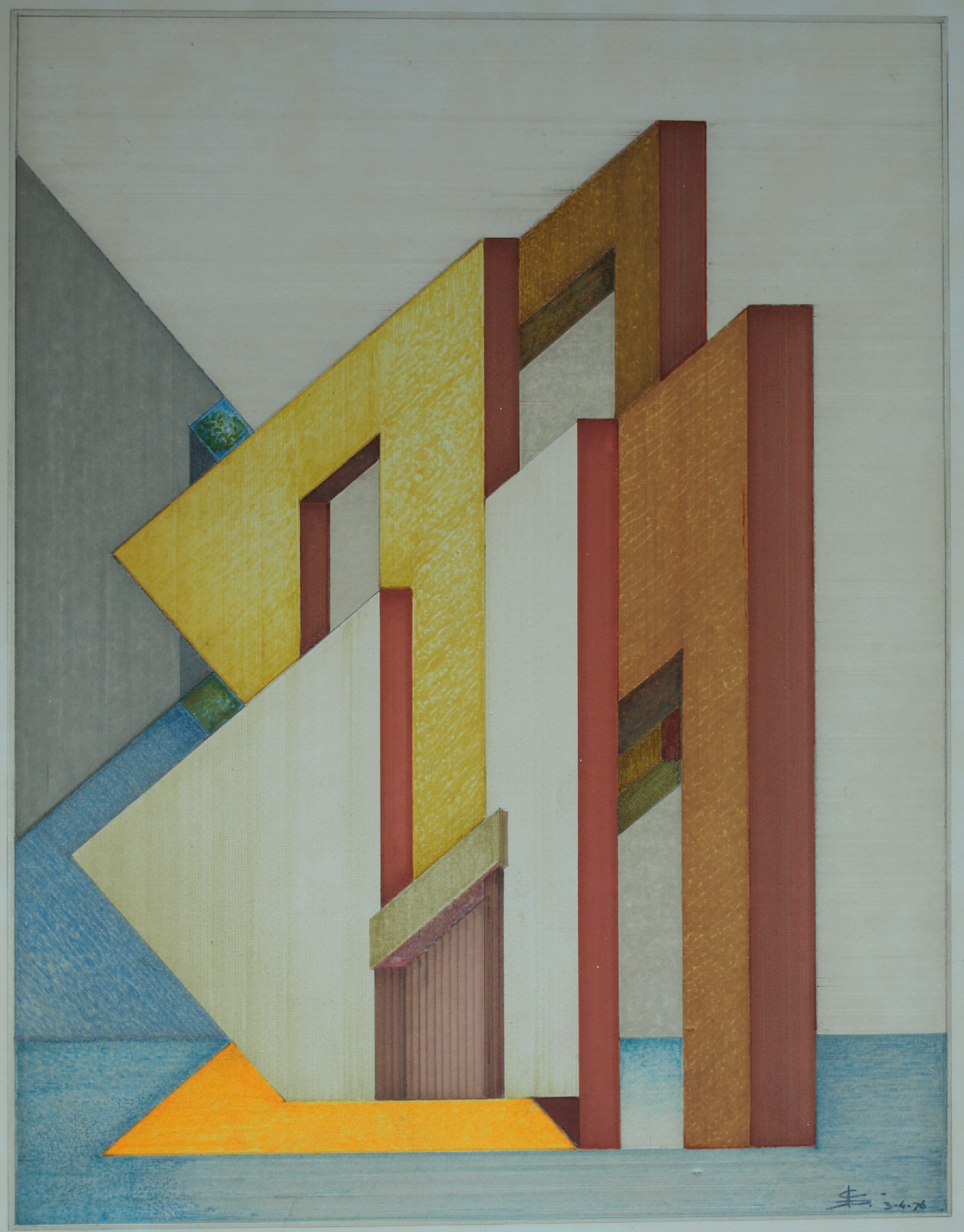 Niet of onleesbaar gesigneerd - Tekening , Bouwwerk – gesigneerd d.m.v. monogram – ingelijst - 1976  kopen? Bied vanaf 1!