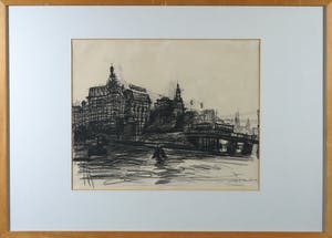 Vincent Hamel - Houtskool op papier, Damrak brug (Amsterdam) - Ingelijst kopen? Bied vanaf 1!
