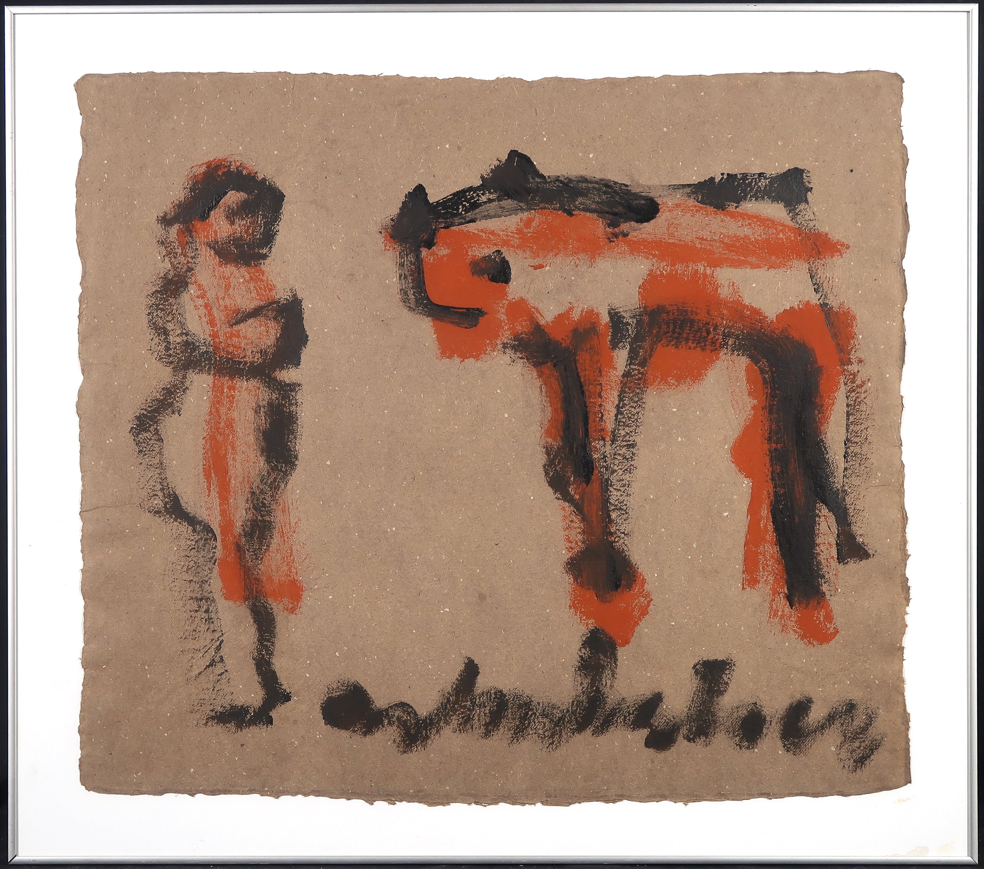 Anton Heyboer - Gouache op papier, Z.T. Mensfiguur en dier - Ingelijst verkocht voor € 300!