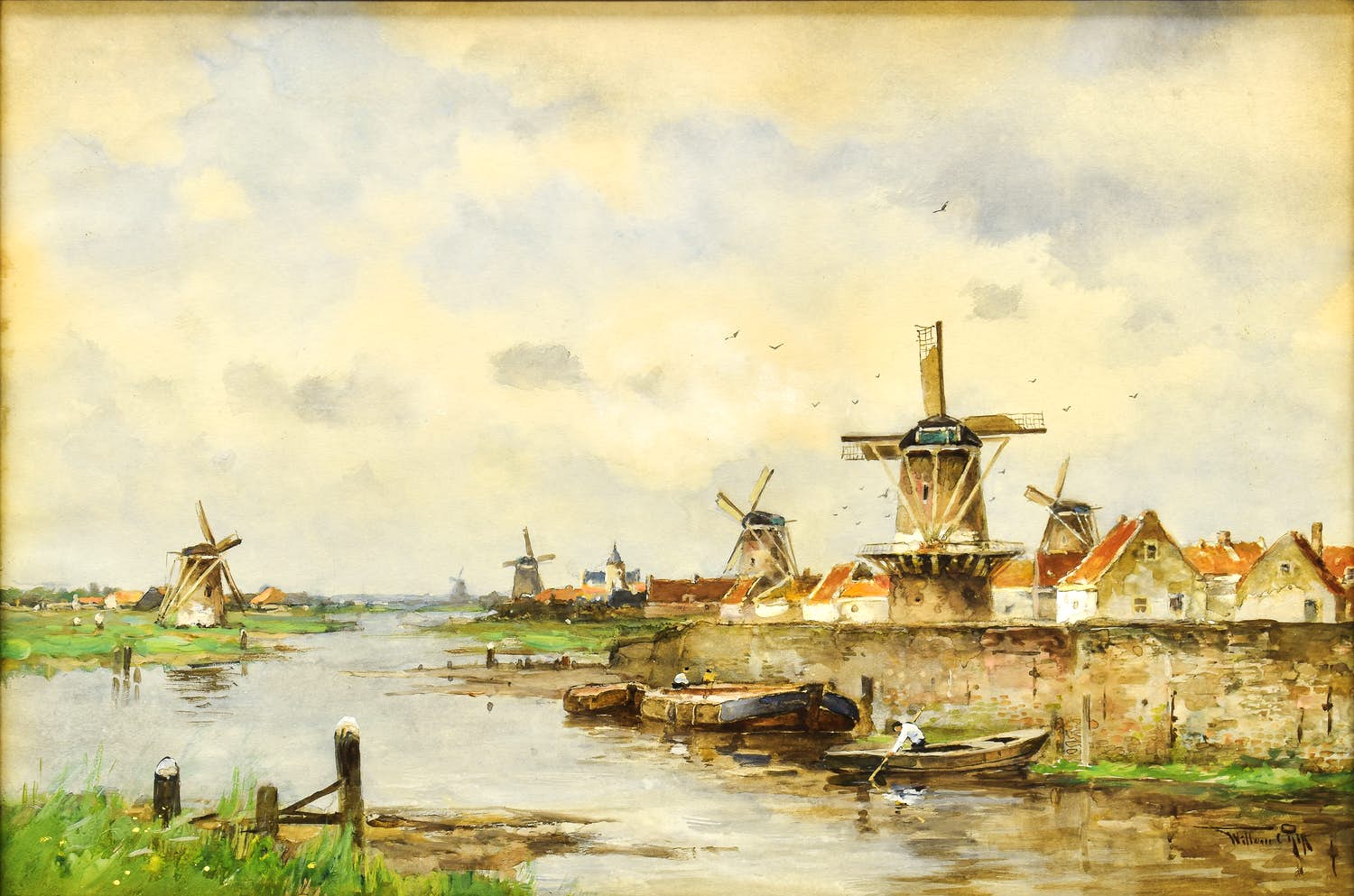 Willem Rip - Molens aan de oude Maas - Ingelijst verkocht voor € 1600!