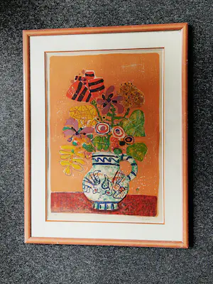 Paul Augustin Aizpiri - Groot - Epreuve d'Artiste - Kleurenlitho Bouquet au fond orange - mooi ingelijst kopen? Bied vanaf 76!
