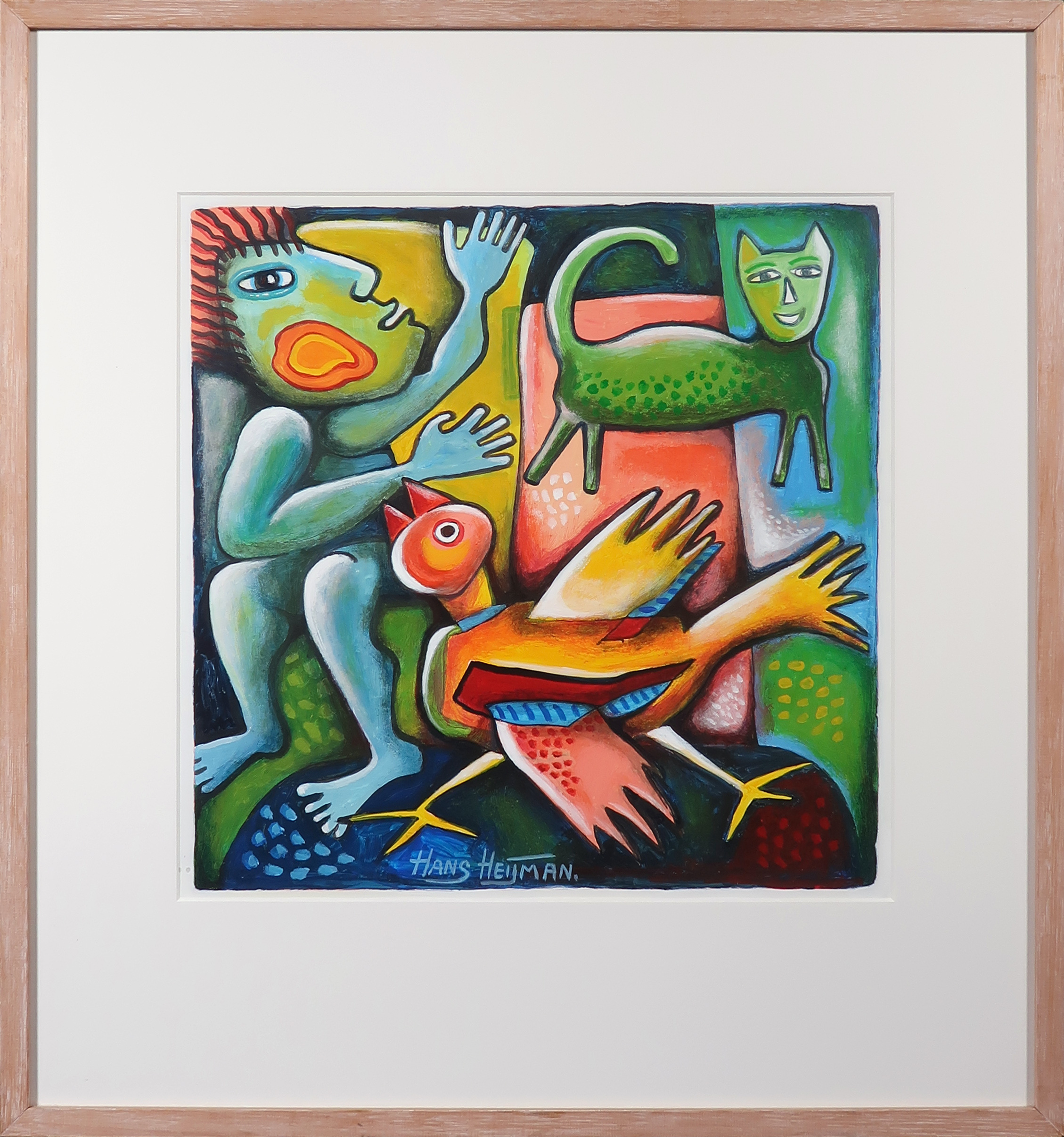Hans Heijman - Acryl op papier, Vogel en kat - Ingelijst verkocht voor € 70!