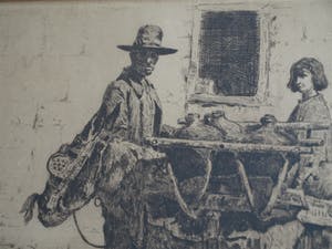 Louis Bron - Ets, Straatverkoper met ezel - gesigneerd & ingelijst – ca 1925 kopen? Bied vanaf 35!