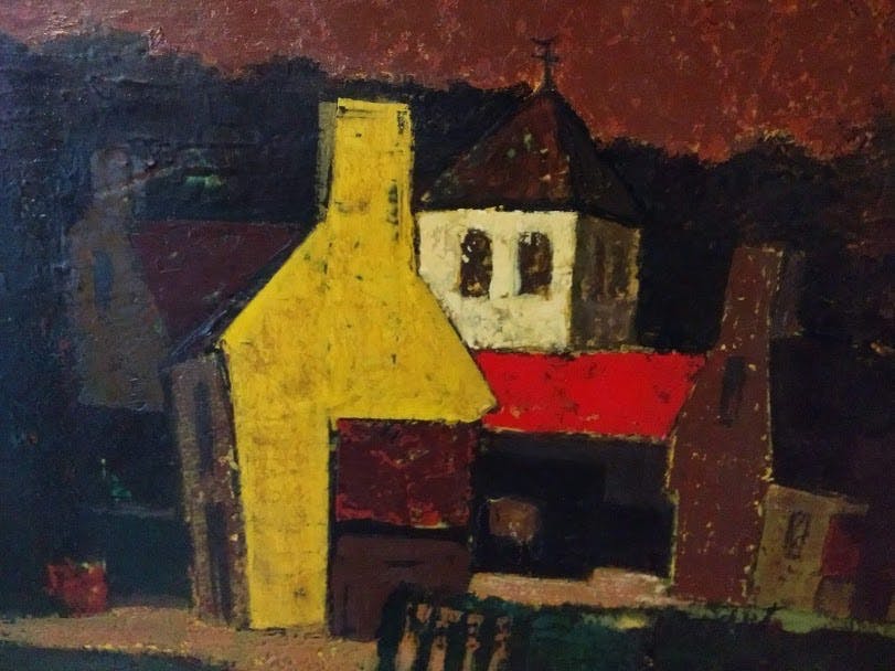 Maurice Schelck - gele gevel, olie op triplex, Topwerk, Latemse school kopen? Bied vanaf 700!