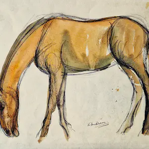 Kees Andrea - Gemengde techniek op papier (aquarel,inkt) - grazend paard - gesigneerd kaufen? Bieten Sie von 57!