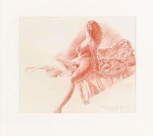 Evert Thielen - Rood krijttekening - Naakt - "Poserende naakte vrouw op bed" kopen? Bied vanaf 225!