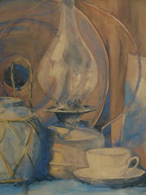 Frits Hes - Ingelijste aquarel , Stilleven met spiegel en olielamp – ca. 1950 kopen? Bied vanaf 50!