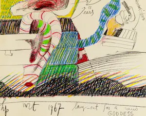 Hannes Postma - in maart 1967 gemaakte kleurpotlood tekening "lay out for a new Goddess" kopen? Bied vanaf 46!