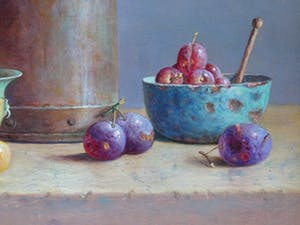 Hans Habraken - Oud keteltje en 2 schalen met pruimen. kopen? Bied vanaf 750!