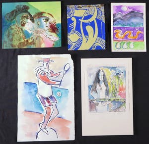 Joe Wols - Lot van vijf kleurrijke tekeningen met aquarel, verf en balpen kopen? Bied vanaf 1!