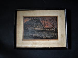Johanna van Deventer - omstreeks 1920 - Houtsnede/Handdruk - Boerderij bij schemering - gesigneerd kopen? Bied vanaf 5!