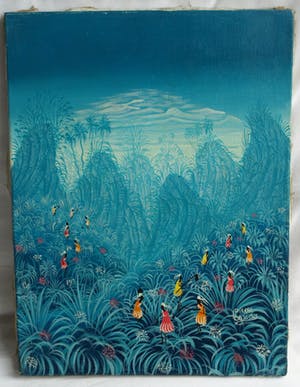 Niet of onleesbaar gesigneerd - Acrylverf op doek , “Blauw landschap met vrouwen“ kopen? Bied vanaf 1!