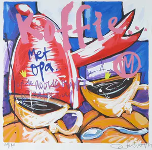 Selwyn Senatori - Zeefdruk, Koffie met opa - Ingelijst kopen? Bied vanaf 130!