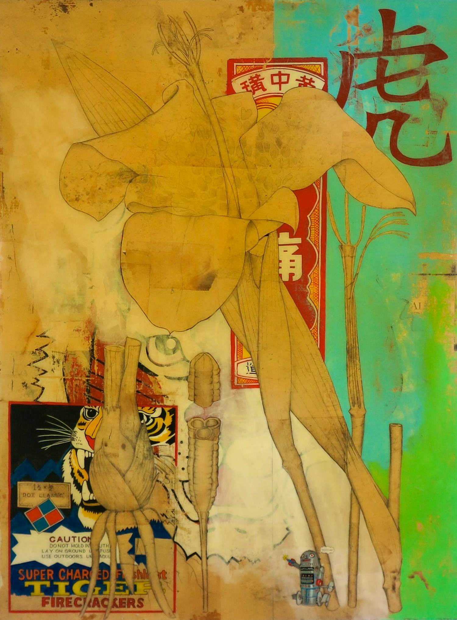 Michael Mew - Mixed media op paneel, TIGER kopen? Bied vanaf 650!