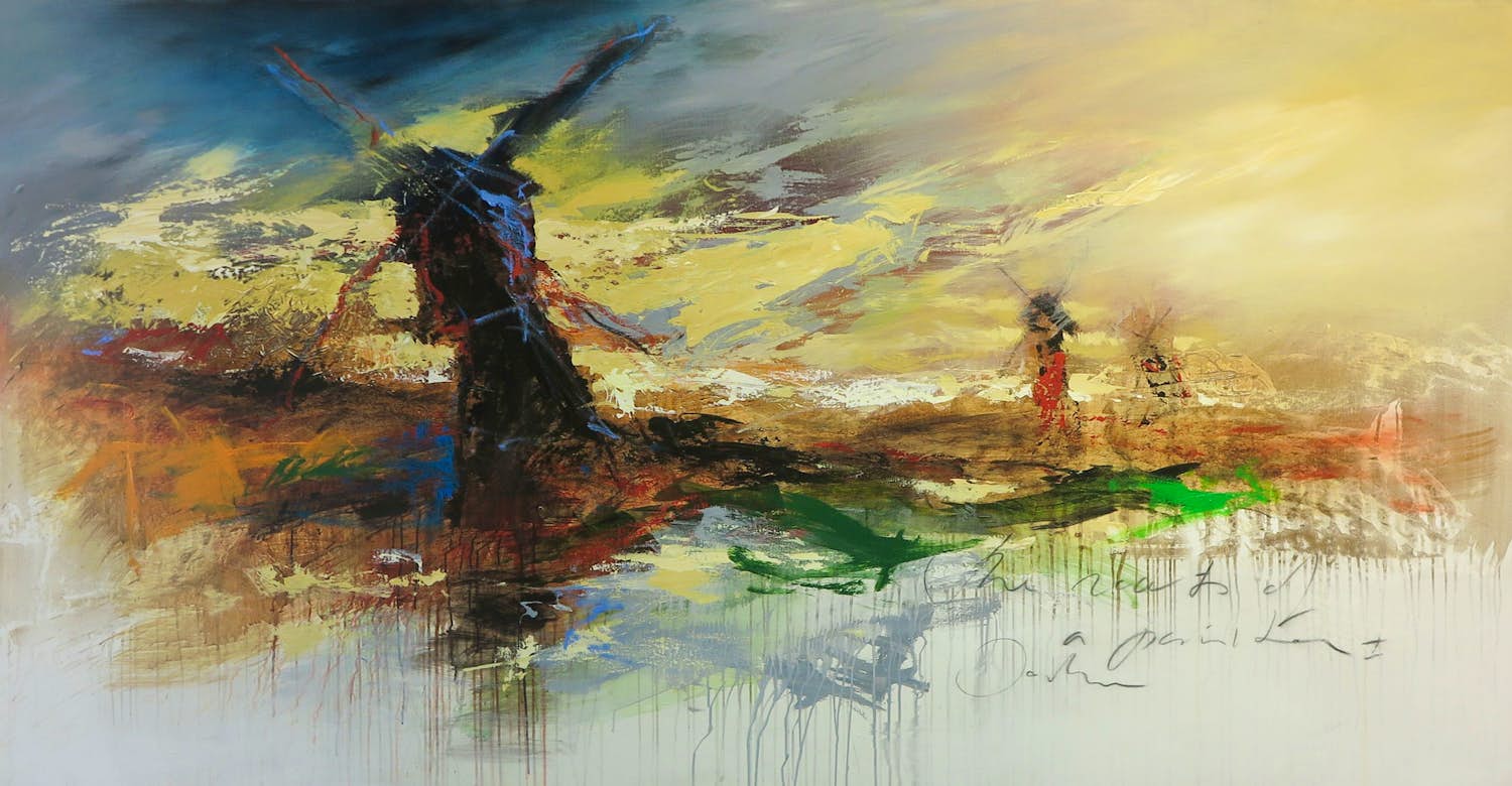 Jochum Bakker - Acryl op doek, Landschap met molens (Zeer groot!) kopen? Bied vanaf 350!