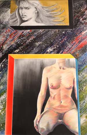 Dirk Visser - Groot, ingelijst, Gemengde techniek , ‘Gesnoerd geweten’ – 1987 verkocht voor € 50!