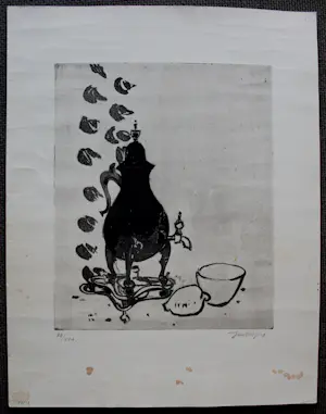 Jan Wiegers - Droge naald ets: Stilleven kan met kraantje kopen? Bied vanaf 39!