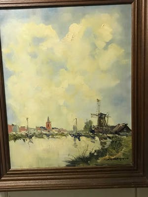 Jan Kelderman - Hollands Polder landschap met Molen en Dorpsgezicht met Kerkje kopen? Bied vanaf 50!