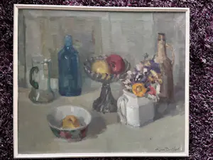 Wil van Dinther - gevarieerd stilleven met oa bloemen en fles wijn kopen? Bied vanaf 195!