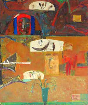 Rik van Iersel - Olieverf en collage op doek, Garden (Zeer groot) verkocht voor € 1200!