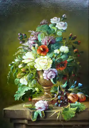 Thomas Heesakkers - Olieverf op doek: Stilleven met fruit & bloemen in vaas verkauft für € 499!