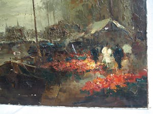 Jan Bevort - Olieverf op doek , Bloemenmarkt Singel Amsterdam – restauratieproject – 70x80 cm kopen? Bied vanaf 75!