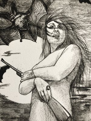 Ada Breedveld - Surrealistische ets vrouw met vleermuizen kopen? Bied vanaf 75!