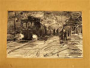 Arnold Koning - omstreeks 1890 - Houtskool - "Parijs figuren op perron - verso Frans landschap verkocht voor € 160!