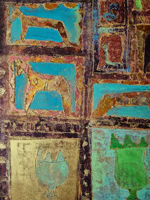 Lia van Leeuwen - Fraai, met grafische technieken gemaakt olieverf op paneel - gesigneerd kopen? Bied vanaf 78!