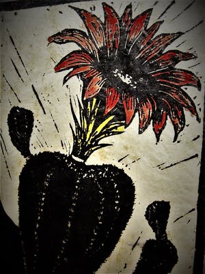 Jac. de Beer - Verstilde kleine oplage Houtsnede "Cactus met rode bloem" gesigneerd kopen? Bied vanaf 20!
