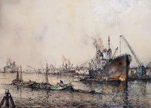 Willem Bos - Overslag in de haven, gemengde techniek (mooi ingelijst, groot) kopen? Bied vanaf 250!