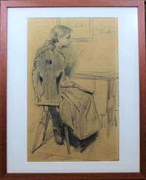 Nicolaas van der Waay - Houtskool op papier - "Zittende jonge vrouw" verkocht voor € 270!