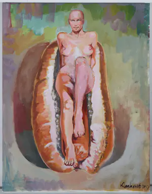 AcheterPeter Klashorst - Acryl en print op doek, Naakt op een hotdog? Enchérissez de 200!