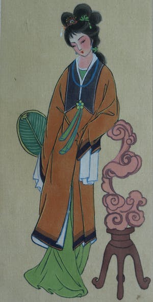 Niet of onleesbaar gesigneerd - Ingelijste gouache op zijde, Japan? China? , Vrouw kopen? Bied vanaf 1!