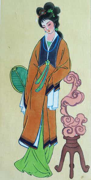 Niet of onleesbaar gesigneerd - Ingelijste gouache op zijde, Japan? China? , Vrouw verkocht voor € 1!