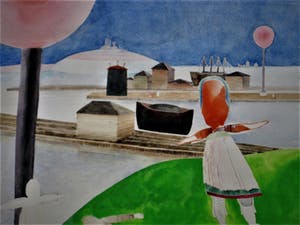 Henri de Haas - 1971 - Groot Surrealistisch Aquarel "de Wandeling" gesigneerd kopen? Bied vanaf 10!