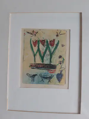 Lia van Leeuwen - vier kleine etsen van tulpen en figuurtjes kopen? Bied vanaf 20!