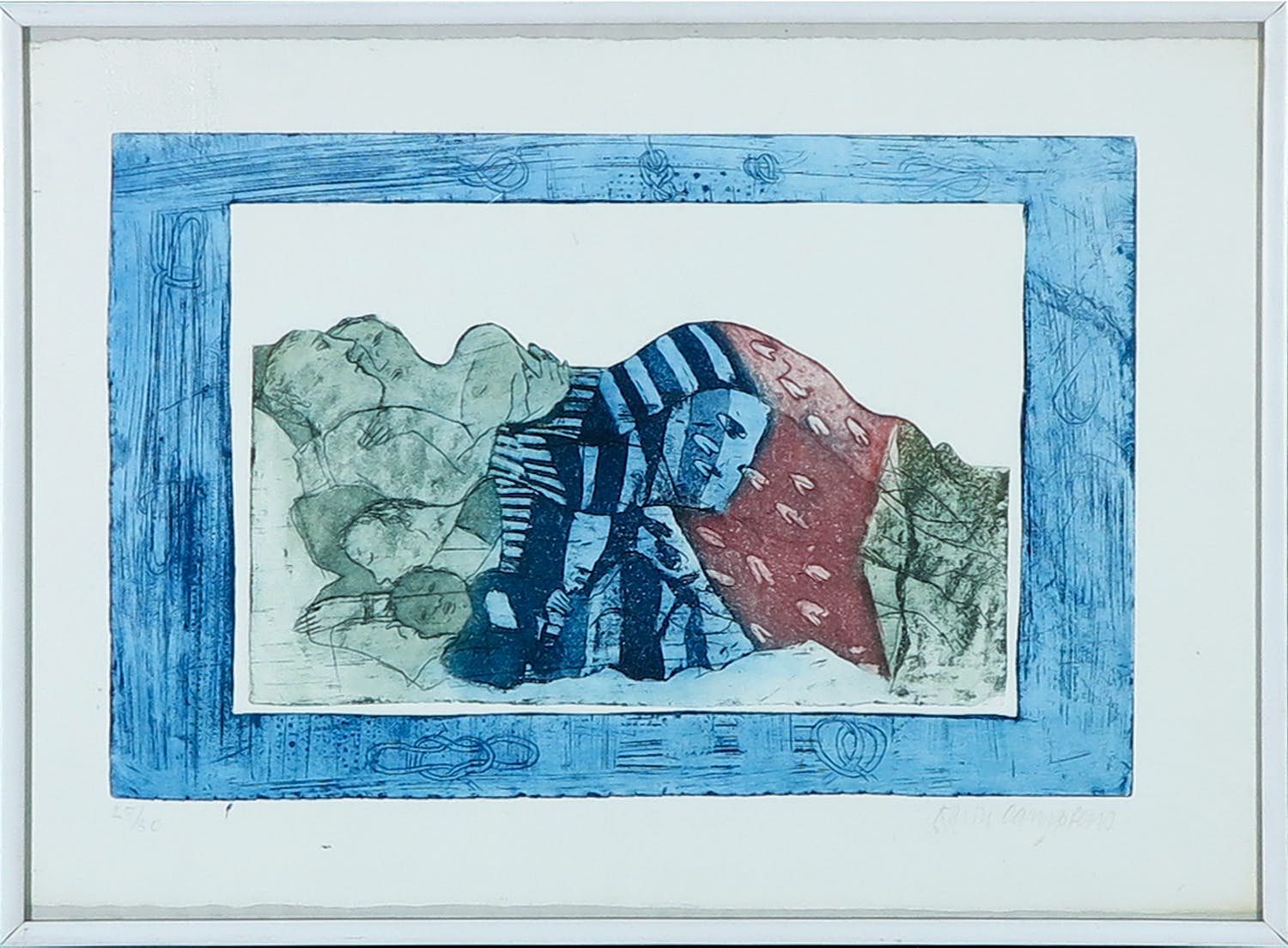 Karin Campfens - Ets, Zonder titel (Figuren liggend onder een deken) verkocht voor € 35!
