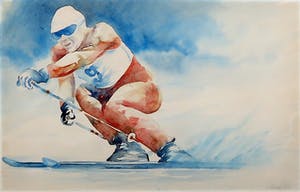 Gemma Vermeulen - Aquarel, Skiër - Ingelijst kopen? Bied vanaf 20!