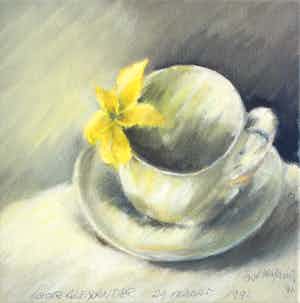 Fon Klement - Olieverf op doek: Stilleven met kop en schotel en bloem - 1992 verkocht voor € 299!