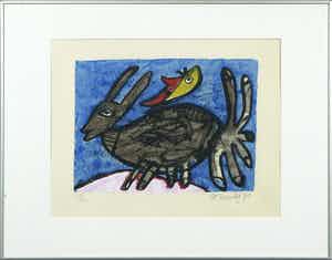 Corneille - Zeefdruk, Konijn op muziekpapier - Ingelijst verkocht voor € 120!