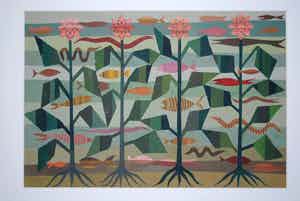 Geni Peter - vissen en bloeiende planten - abstracte gouache uit 1947(!) verkocht voor € 180!