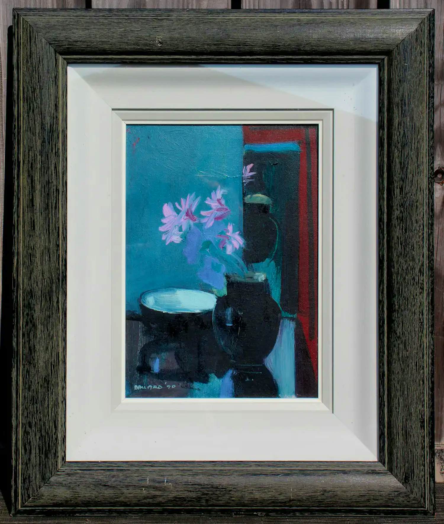 Brian Ballard - olieverf op doek: black vase in mirror - 1990 verkocht voor € 995!