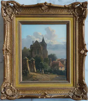 Adrianus Eversen - Hollands straatgezicht met personen bij een stadspoort kopen? Bied vanaf 3250!