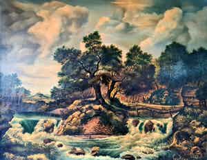 Wim van Aken - Landschap met mensen en watervallen verkocht voor € 50!