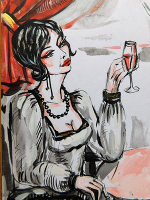 Natia Antadze - Dame im Caffè – Tekening/Acryl - handgesigneerd kopen? Bied vanaf 1!
