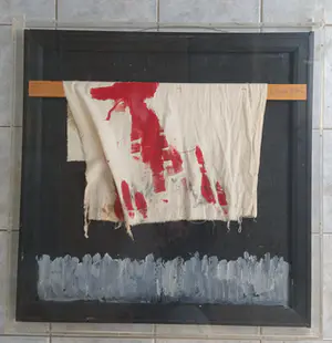 Jan de Beus - Blutender Landschaft - Olieverf en assemblage 1980 (groot) kopen? Bied vanaf 275!